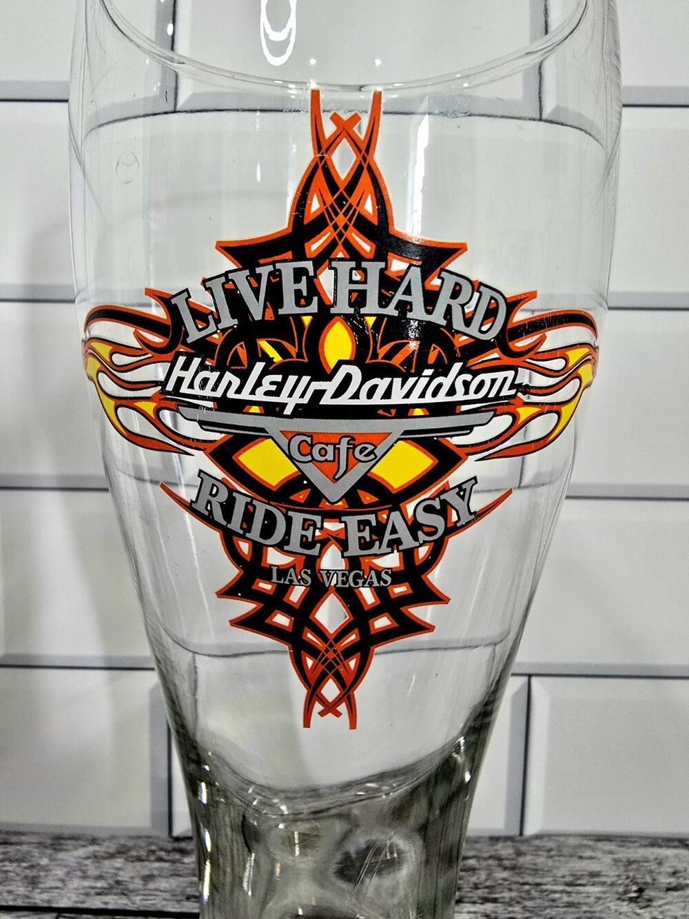 Harley Davidson Cafe Las Vegas Live Hard Ride Easy Pilsner Beer Glass 9"